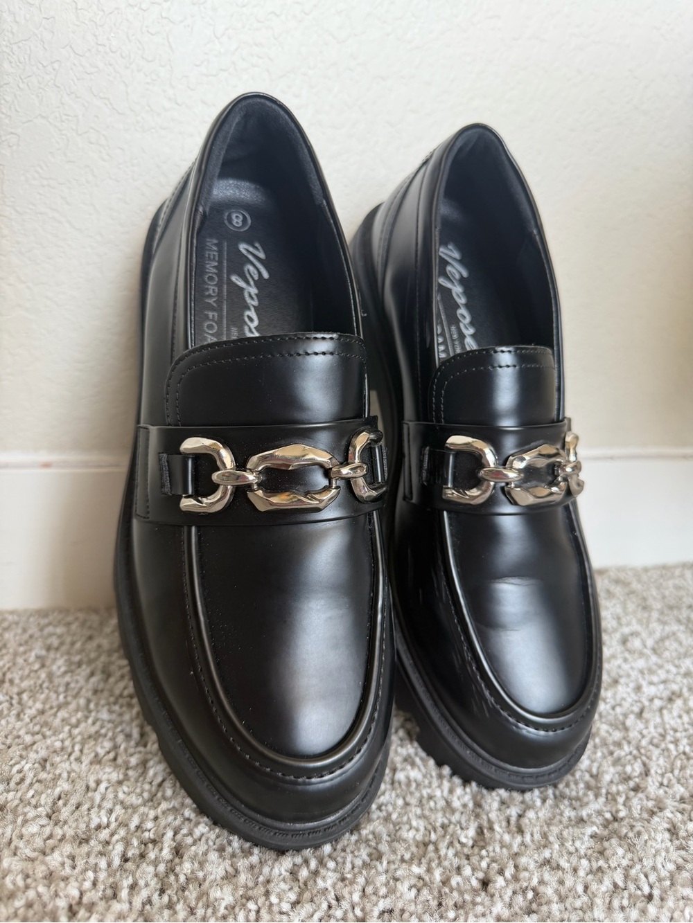 Black Slip-On Loafers with Silver Chain